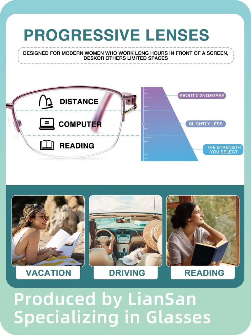 LianSan Metal Zero Top Progressive Multifocus Reading Glasses - for Women Half-Rim Blue Light Blocking Readers Clear Top Pink 1.50 - Image 3