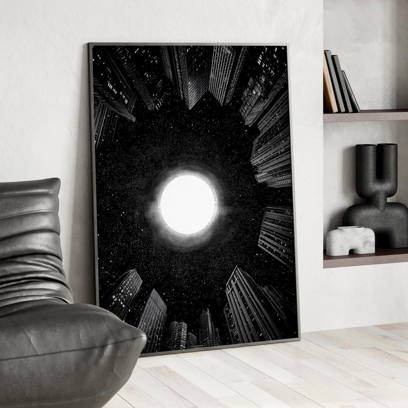 TNESSENTIAL Black and White Circular Skyscrapers Wall Art, Poster or Canvas Print, Cosmic Portal Glow, Starfield Atmosphere, Moon Surreal Cityscape Art - Image 1