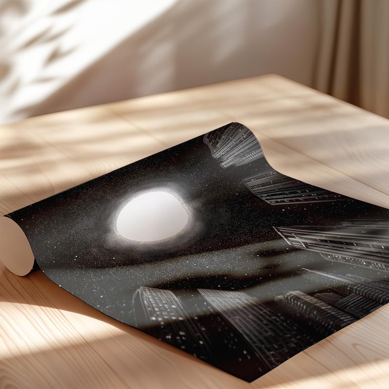 TNESSENTIAL Black and White Circular Skyscrapers Wall Art, Poster or Canvas Print, Cosmic Portal Glow, Starfield Atmosphere, Moon Surreal Cityscape Art - Image 2