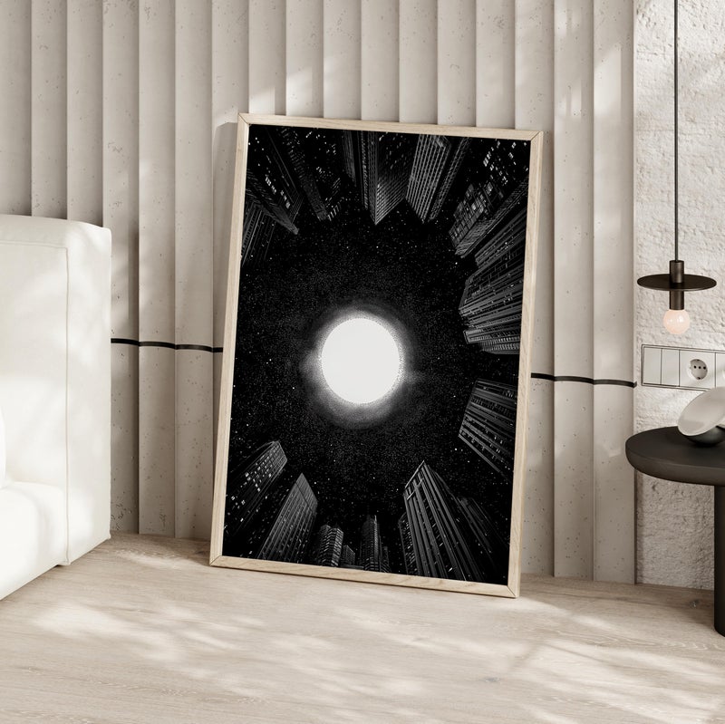 TNESSENTIAL Black and White Circular Skyscrapers Wall Art, Poster or Canvas Print, Cosmic Portal Glow, Starfield Atmosphere, Moon Surreal Cityscape Art - Image 3