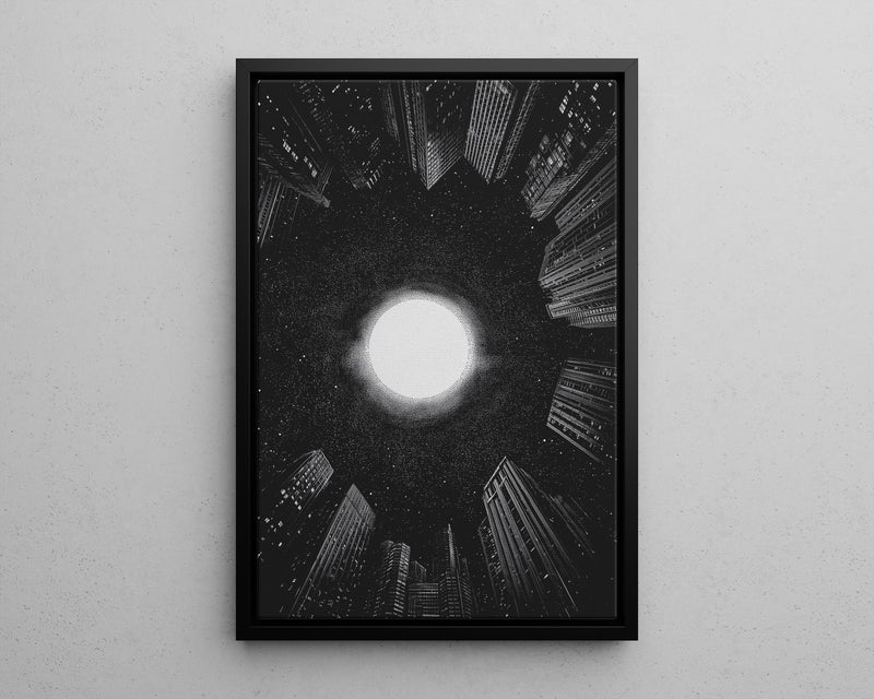 TNESSENTIAL Black and White Circular Skyscrapers Wall Art, Poster or Canvas Print, Cosmic Portal Glow, Starfield Atmosphere, Moon Surreal Cityscape Art - Image 5