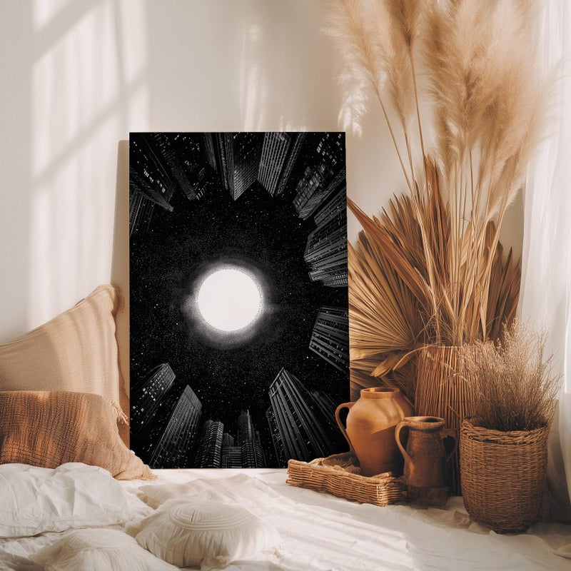 TNESSENTIAL Black and White Circular Skyscrapers Wall Art, Poster or Canvas Print, Cosmic Portal Glow, Starfield Atmosphere, Moon Surreal Cityscape Art - Image 4