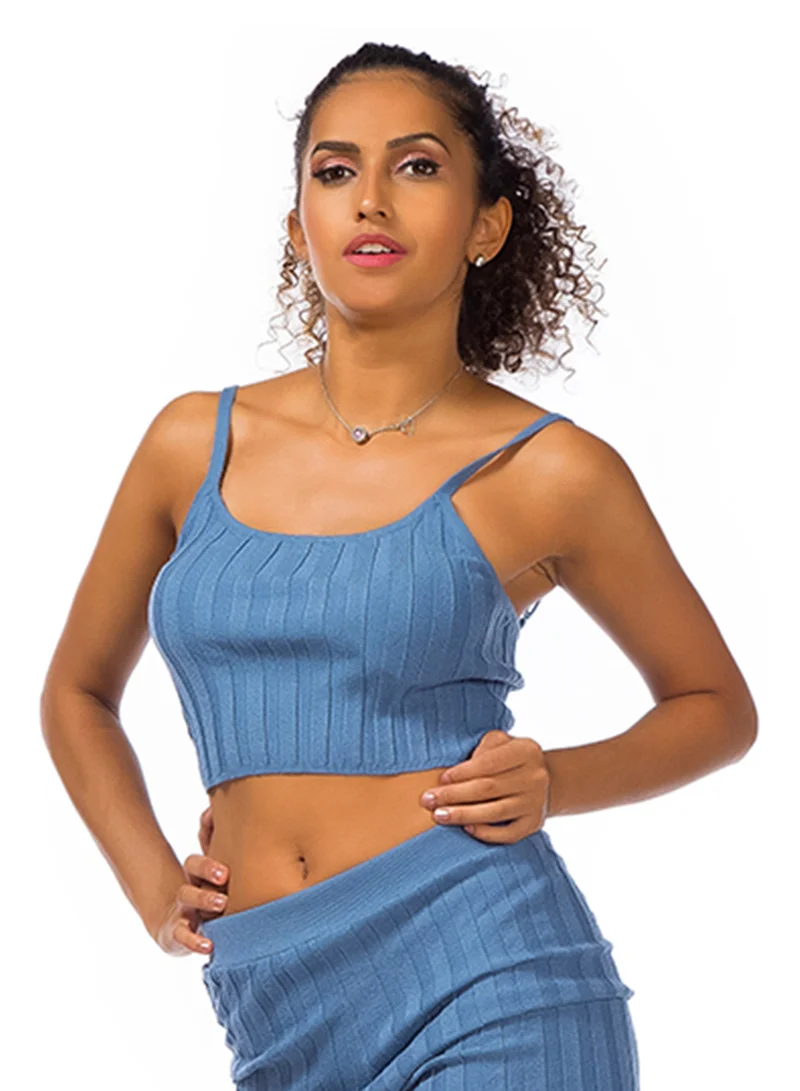 London Rag Rib Knit Spaghetti Crop Top in Denim Blue