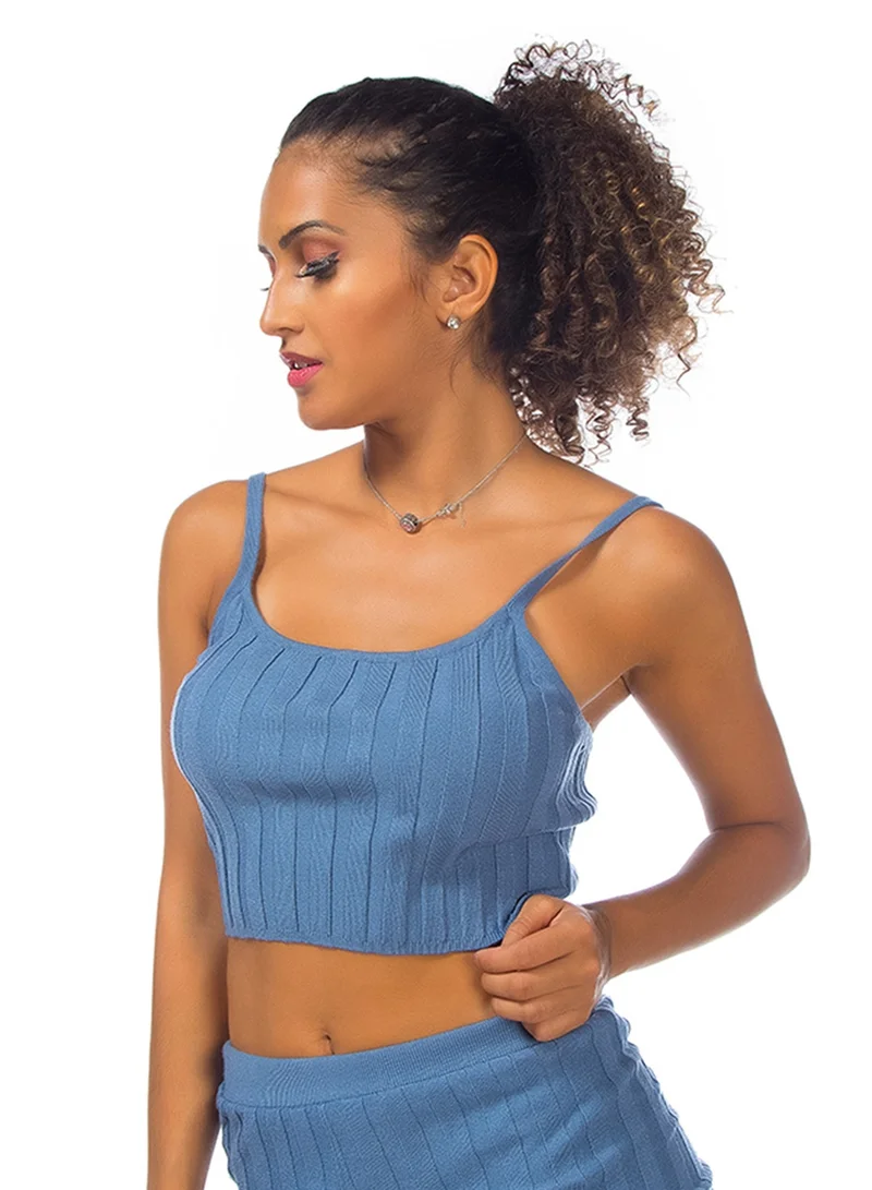 London Rag Rib Knit Spaghetti Crop Top in Denim Blue
