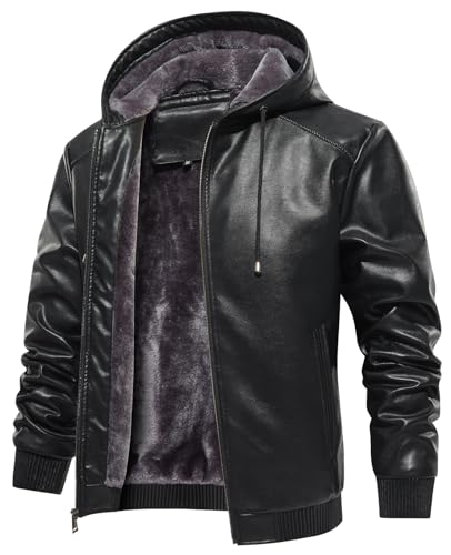 MANSDOUR Men's Faux Leather Jacket Warm Black Motorcycle Jacket Fleece Lined Leather Bomber Jacket with Hood Casual Stylish Coat Men Biker PU Leather Jacket - Image 1