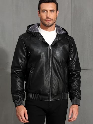 MANSDOUR Men's Faux Leather Jacket Warm Black Motorcycle Jacket Fleece Lined Leather Bomber Jacket with Hood Casual Stylish Coat Men Biker PU Leather Jacket - Image 2