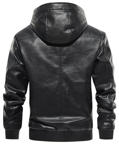 MANSDOUR Men's Faux Leather Jacket Warm Black Motorcycle Jacket Fleece Lined Leather Bomber Jacket with Hood Casual Stylish Coat Men Biker PU Leather Jacket - Image 4