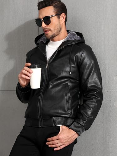 MANSDOUR Men's Faux Leather Jacket Warm Black Motorcycle Jacket Fleece Lined Leather Bomber Jacket with Hood Casual Stylish Coat Men Biker PU Leather Jacket - Image 3