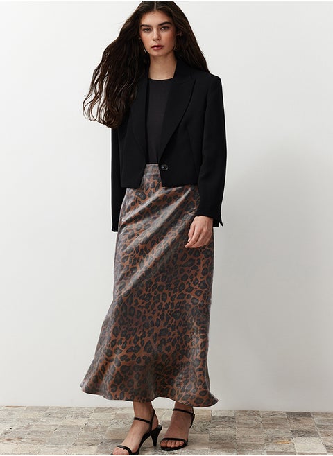 Brown Leopard Patterned Satin Woven Skirt TCTSS24EE00014