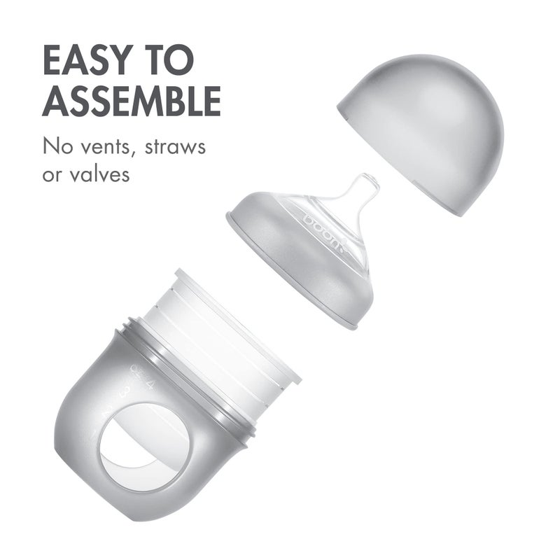 BOON زجاجات بون نورش القابلة لإعادة الاستخدام من السيليكون للأطفال - حلمة تدفق بطيء - كيس زجاجة سيليكون وحلمة - أساسيات تغذية الأطفال - رمادي - 0-3 أشهر - 3 قطع - 4 أونصات - Image 3
