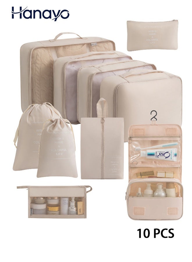 Hanayo 10 PCS Travel Organizer Bag Set, Luggage Organizing Kit, Waterproof Travel Organizer Bags, Travel Packing Kit, Large Capacity Storage Bags, Luggage Divider Bags (Beige) - Image 1