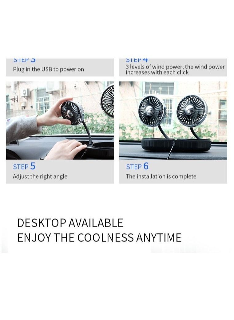 Generic - USB Fan, Portable Vehicle Fan Dual Head Electric Fan, 3 Speed Adjustable, Strong Wind, Truck Air Cooling Fan for Dashboard Desktop, Car Accessories - Image 1
