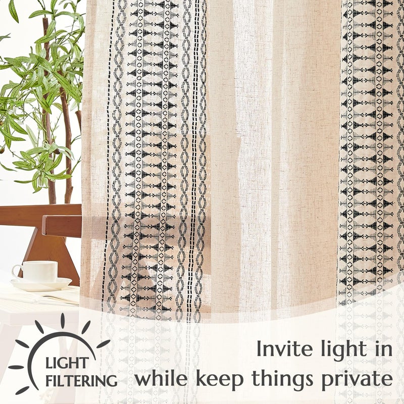 jinchan Boho Curtains Embroidered Linen Blend Window Curtains for Bedroom, Drapes 84 Inch Length 2 Panels Set, Geometry Grommet Bohemian Window Treatments Set for Living Room Black on Beige - Image 4