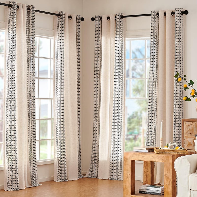 jinchan Boho Curtains Embroidered Linen Blend Window Curtains for Bedroom, Drapes 84 Inch Length 2 Panels Set, Geometry Grommet Bohemian Window Treatments Set for Living Room Black on Beige - Image 5