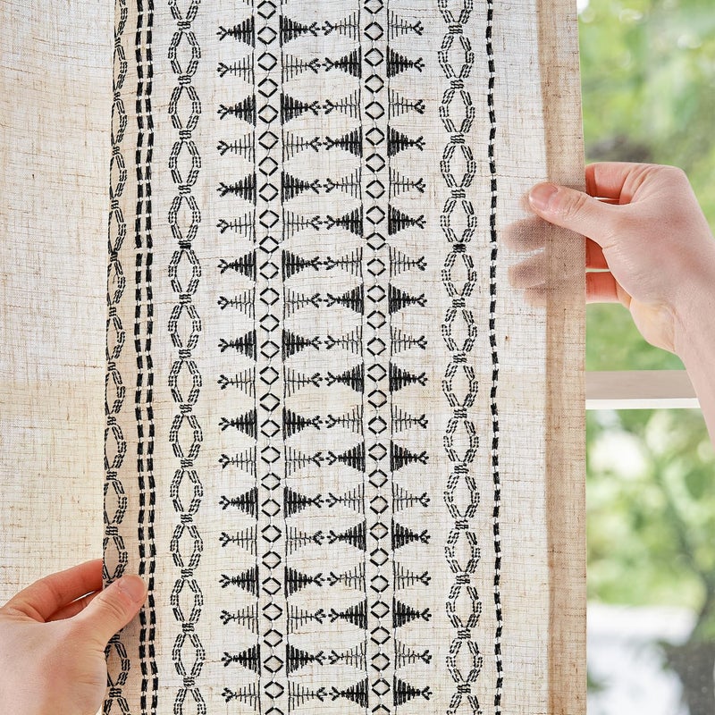 jinchan Boho Curtains Embroidered Linen Blend Window Curtains for Bedroom, Drapes 84 Inch Length 2 Panels Set, Geometry Grommet Bohemian Window Treatments Set for Living Room Black on Beige - Image 3