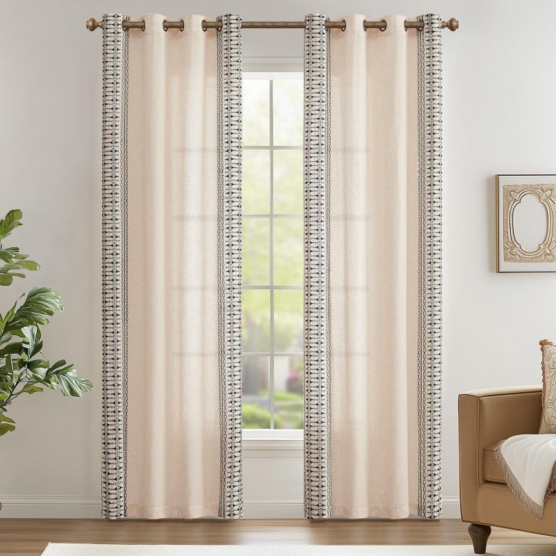 jinchan Boho Curtains Embroidered Linen Blend Window Curtains for Bedroom, Drapes 84 Inch Length 2 Panels Set, Geometry Grommet Bohemian Window Treatments Set for Living Room Black on Beige - Image 2