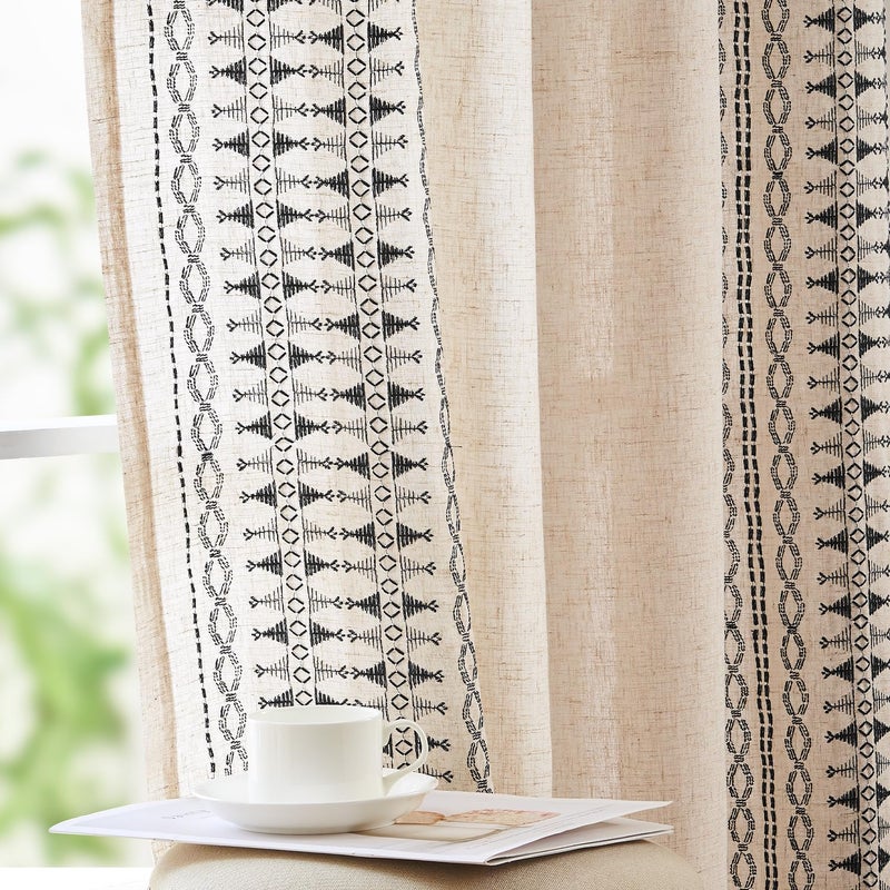 jinchan Boho Curtains Embroidered Linen Blend Window Curtains for Bedroom, Drapes 84 Inch Length 2 Panels Set, Geometry Grommet Bohemian Window Treatments Set for Living Room Black on Beige - Image 1