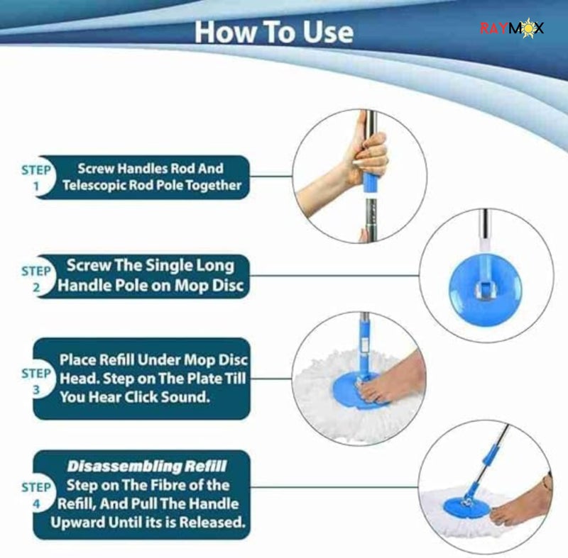 RAYMOX Classic Spin Mop Spares Set Handle with Microfibers Refill Standing Magic Pocha with Easy Grip Handle Mop Stick Rod ( All in One Mop Stick Use ) - Image 5
