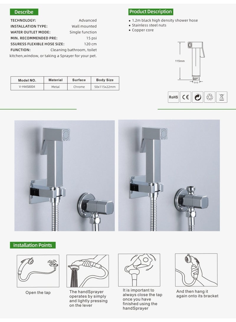 VMAX Stainless Steel Handheld Bidet Sprayer – Wall Mounted, Single Function, 120cm Flexible Hose, 15 PSI Pressure, Multi-Purpose Cleaning for Bathroom, Toilet, Kitchen & Pets - Image 5