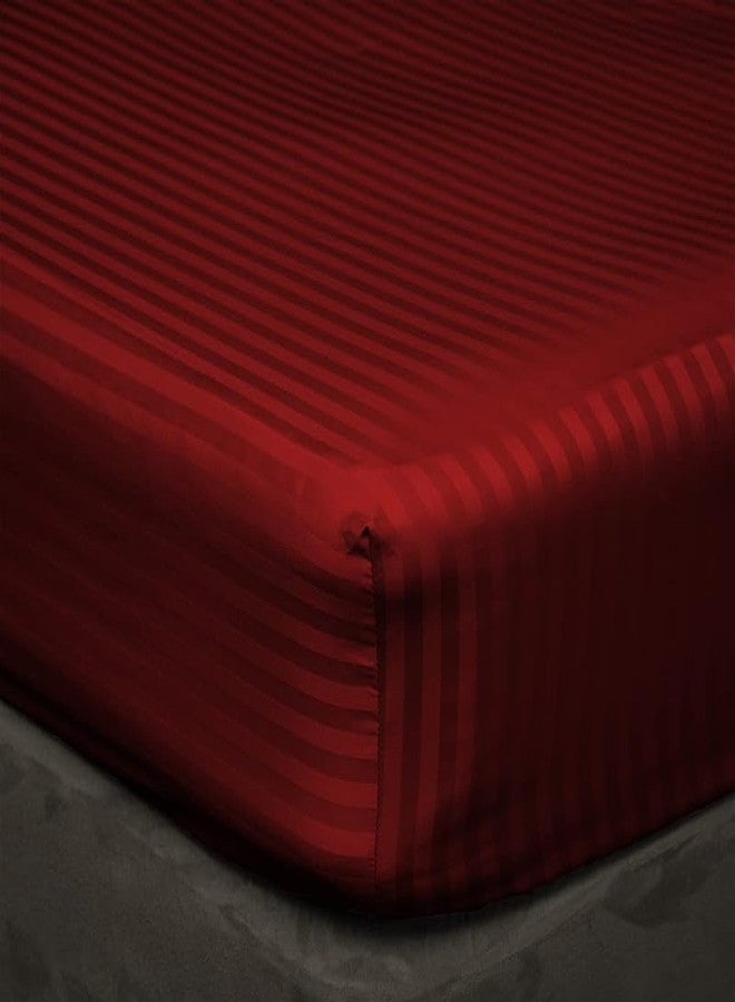 BALAJI EXPORT 100% Cotton- 600 TC All Around Elastic Fitted Bedsheet Only- 10" Deep Snug Fit- Soft Sateen 1 PC Fitted Sheet- Extra Soft & Easy Fit-Burgundy Stripe,Queen Size - Image 1