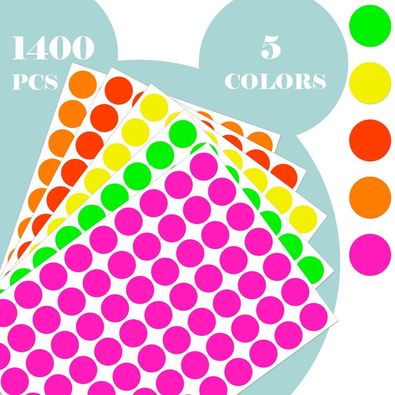YSHIHE Dot Stickers - Fluorescent Circle Stickers, 3/4 Inch, 1400pcs, Writable Colored in 5 Colors, Neon Labels for Office and Market Sale - Image 2