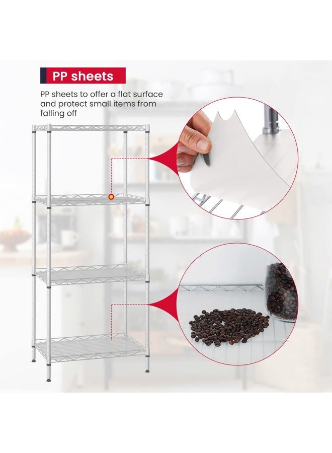 BestOffice وحدة رفوف تخزين قابلة للتعديل 4 رفوف معدنية سلكية بسعة 600 رطل مع 4 ألواح PP 18L x 12W x 44H للغسيل والحمام والمطبخ والمرآب، كروم - Image 4