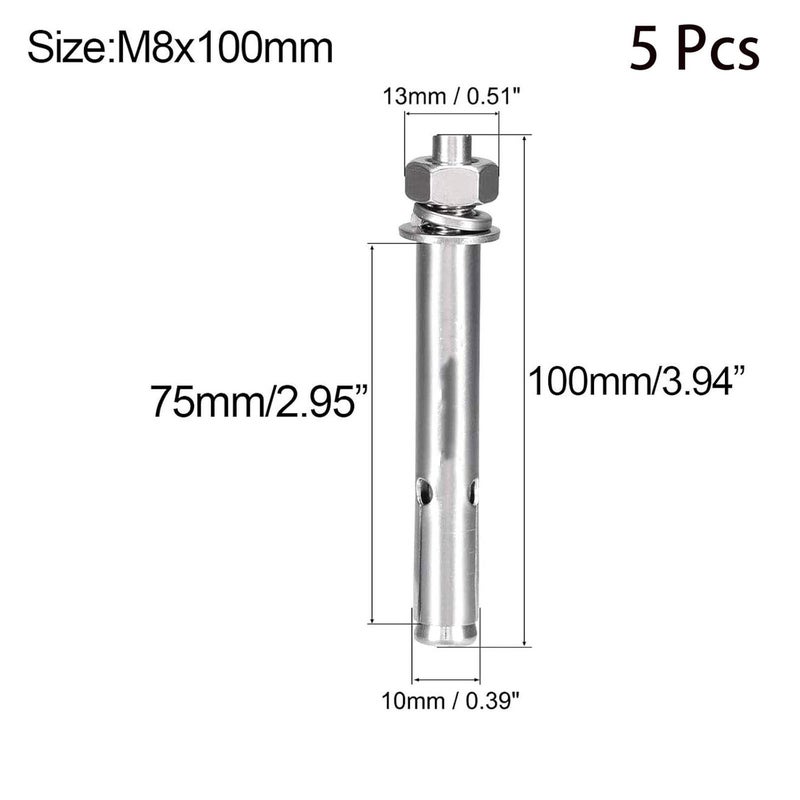 SDY 5 Pcs M8 x 100mm 304 Stainless Steel Expansion Bolt External Hex Expansion Screw Bolt Sleeve Anchor，Pool Safety Cover Expansion Bolts，for Concrete - Image 2
