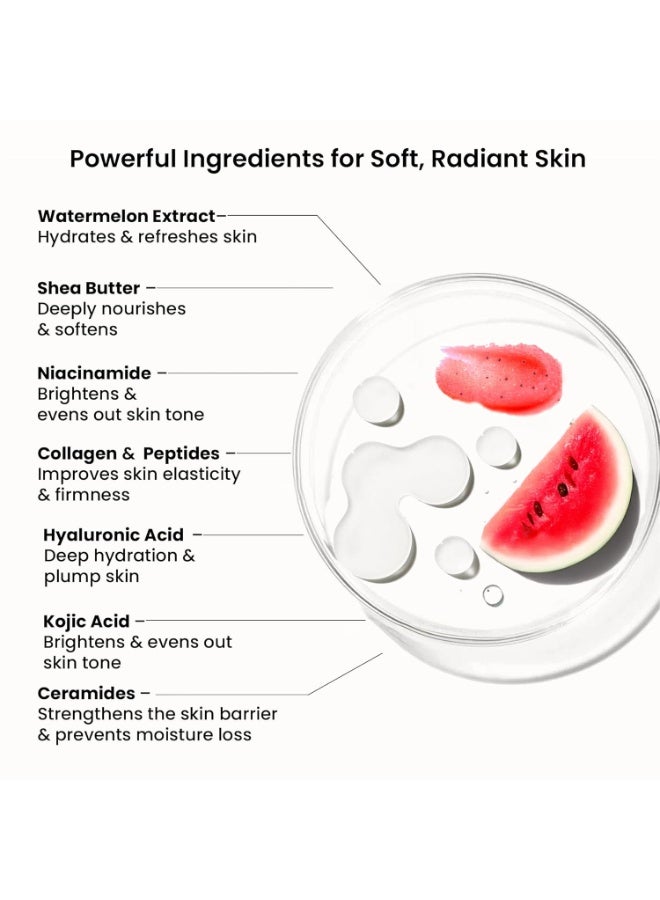 WILD OAK WildOak Watermelon Sugar Body Scrub | 300g | Kojic Acid, Hyaluronic Acid, Ceramides, Collagen & Peptides | De-Tan & Brightens Dark Areas | Smooths Strawberry Legs & Arms | Hydrates & Exfoliates - Image 4
