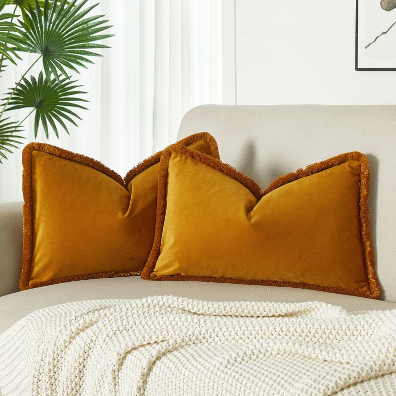 JUSPURBET Mustard Yellow Velvet Throw Pillow Covers 16x24 Inch Set of 2 with Soft Tassel Fringe Luxury Boho Pillowcase for Sofa Couch Bed Home Decor Machine Washable