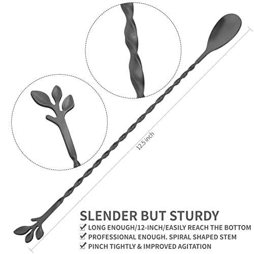 AnSaw Black 12-Inch Stainless Steel Cocktail Spoon with Leaf Handle - Perfect for Mixing & Layering Drinks in Tall Cups, Bar & Shakers - Durable Long Handle Bar Stirrer,2-Pieces - Image 2