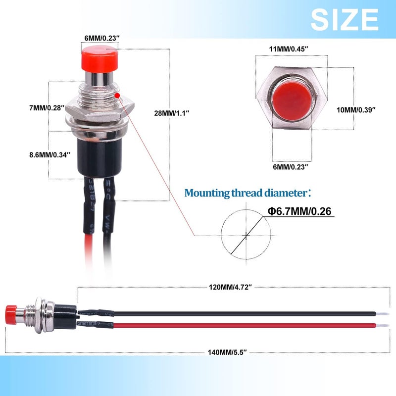 Twidec /10PCS 3V-6V-12V-24V-250V Momentary Push Button Switch 2 Pins ON/Off SPST 7mm Red Normal Open 1A Mini Round Button Switch with Pre-soldered Wires PBS-110-XR - Image 3