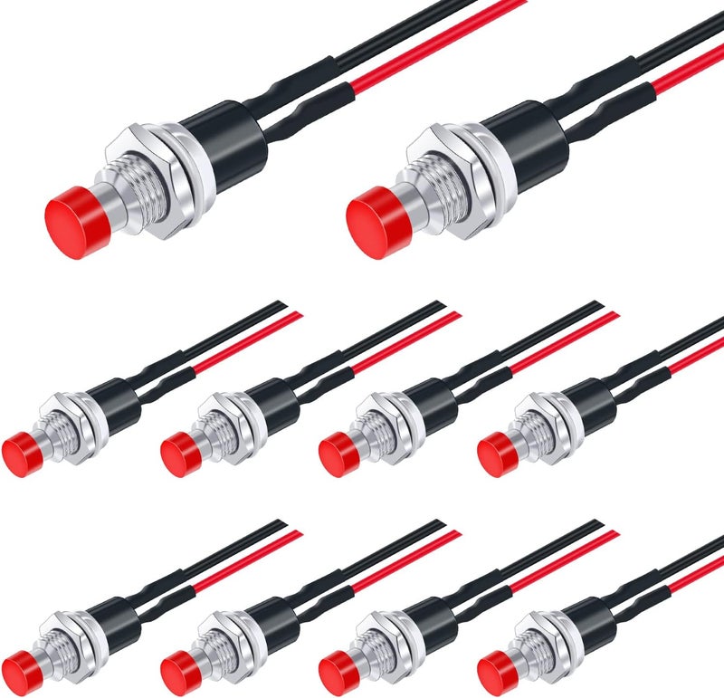 Twidec /10PCS 3V-6V-12V-24V-250V Momentary Push Button Switch 2 Pins ON/Off SPST 7mm Red Normal Open 1A Mini Round Button Switch with Pre-soldered Wires PBS-110-XR - Image 1