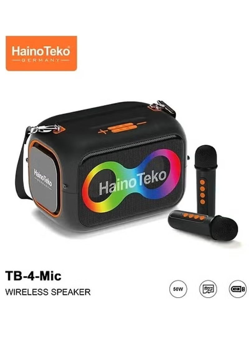 Haino Teko TB-4 Portable Wireless Bluetooth Speaker with Dual Wireless Microphones – 50W Output Power, RGB Party Lighting, Multifunction Button Controls, USB/TF/AUX Support, Powerful Bass, Black – Ultimate Sound Experience for Home, Parties, and Events - Image 1