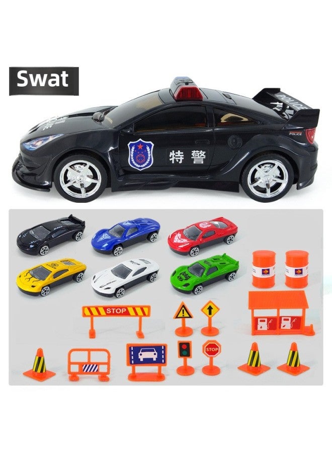 Storage Simulation Police Car Sound And Light Model With Gold Car Roadblock Map Set Public Security Children's Day Gift-Color:Large Sound And Light Special Police Car [6 Small Alloy Car + Road Sign]]  - Image 1