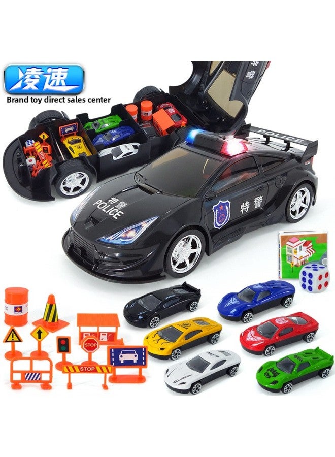 Storage Simulation Police Car Sound And Light Model With Gold Car Roadblock Map Set Public Security Children's Day Gift-Color:Large Sound And Light Special Police Car [6 Small Alloy Car + Road Sign]]  - Image 2