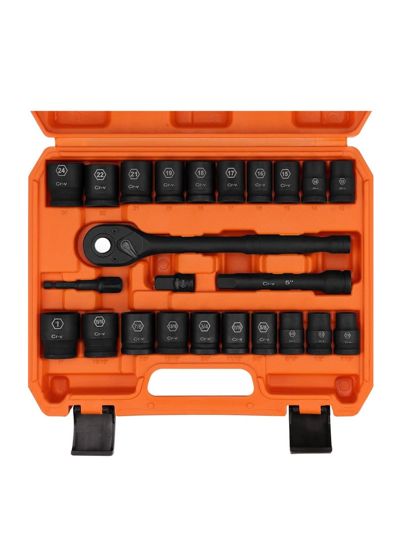 General - 1/2" Drive Impact Socket Kit, 24 Pack of Light Standard SAE (7/16"-1") and Metric (13-24mm) Sizes, 6 Points, Cr-V, with 1/2" Drive Ratchet Handle, Drive Extension Rod - Image 1