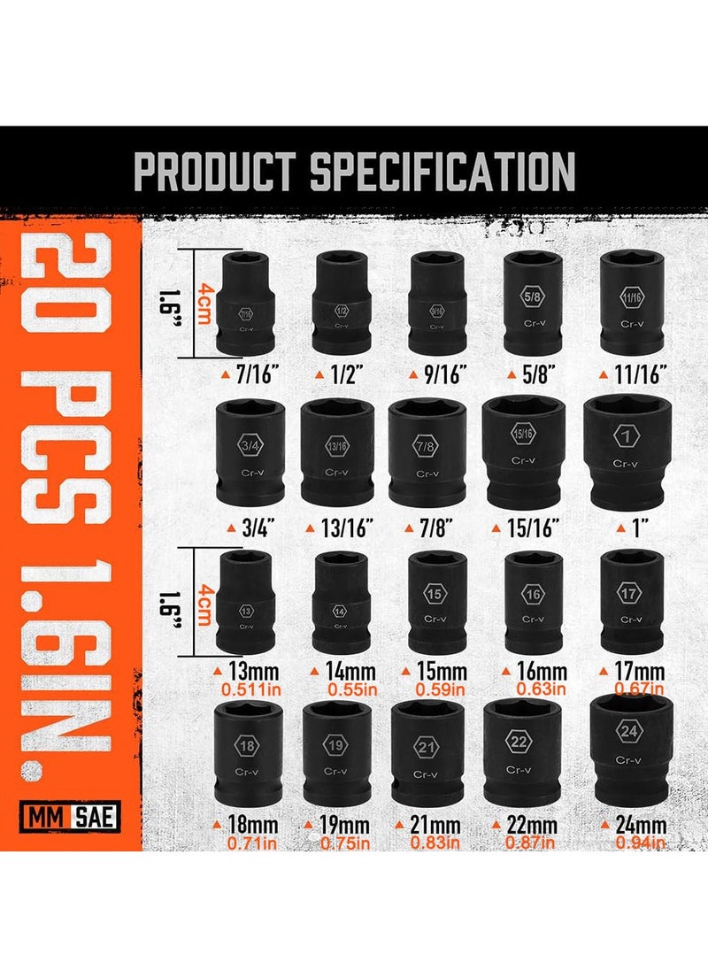 General - 1/2" Drive Impact Socket Kit, 24 Pack of Light Standard SAE (7/16"-1") and Metric (13-24mm) Sizes, 6 Points, Cr-V, with 1/2" Drive Ratchet Handle, Drive Extension Rod - Image 1