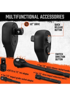 General 1/2" Drive Impact Socket Kit, 24 Pack of Light Standard SAE (7/16"-1") and Metric (13-24mm) Sizes, 6 Points, Cr-V, with 1/2" Drive Ratchet Handle, Drive Extension Rod  - Image 5