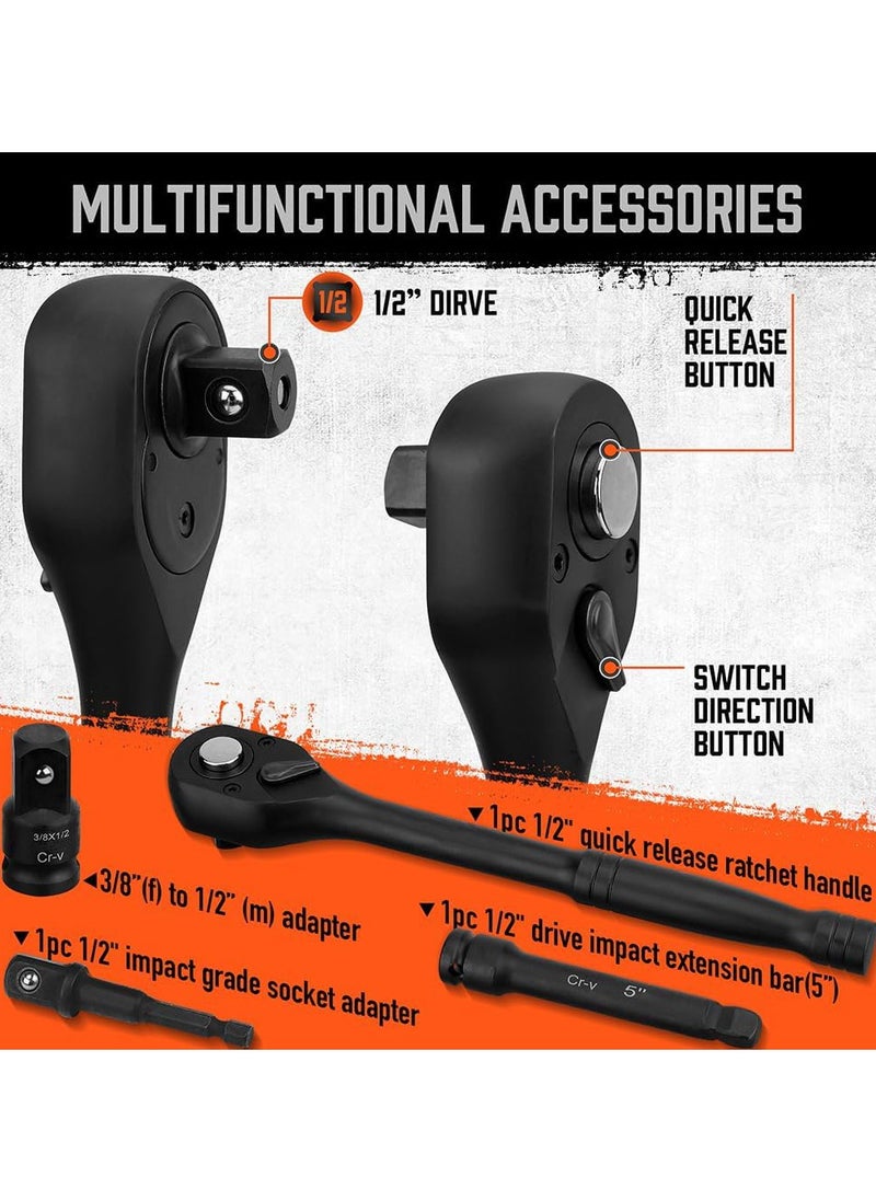 General - 1/2" Drive Impact Socket Kit, 24 Pack of Light Standard SAE (7/16"-1") and Metric (13-24mm) Sizes, 6 Points, Cr-V, with 1/2" Drive Ratchet Handle, Drive Extension Rod - Image 1