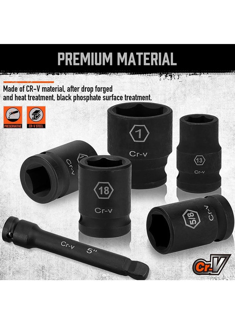 General - 1/2" Drive Impact Socket Kit, 24 Pack of Light Standard SAE (7/16"-1") and Metric (13-24mm) Sizes, 6 Points, Cr-V, with 1/2" Drive Ratchet Handle, Drive Extension Rod - Image 1