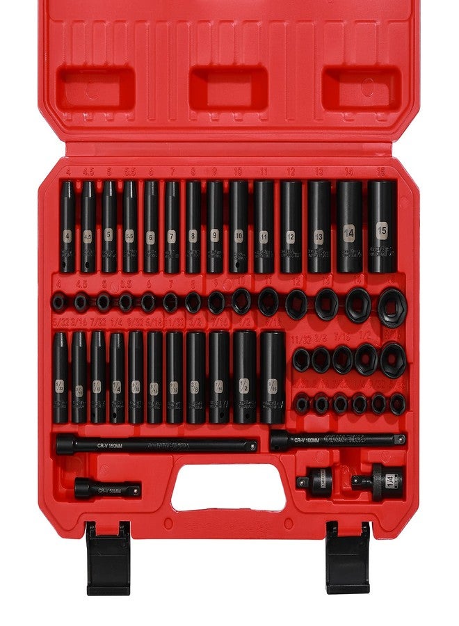Mayouko 55PCS 1/4 Inch Drive Master Impact Socket Set, Metric/SAE, Deep/Shallow, 6 Point, CR-V, 5/32 Inch - 9/16 Inch, 4mm - 15mm, With Extensions,Adapters,Universal Joint - Image 1