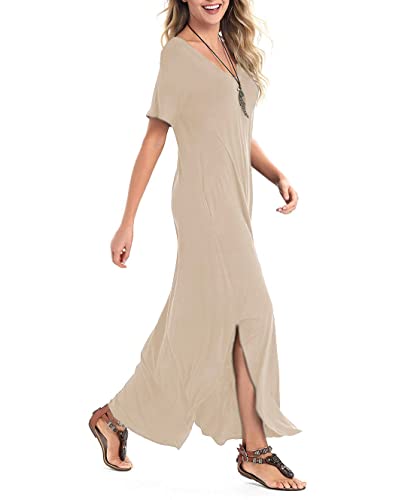 Arolina Women's Summer Maxi Dress Short Sleeve V Neck Casual Loose Long Beach Split Dresses with Pockets Coffee - Image 3