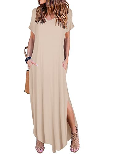 Arolina Women's Summer Maxi Dress Short Sleeve V Neck Casual Loose Long Beach Split Dresses with Pockets Coffee - Image 1