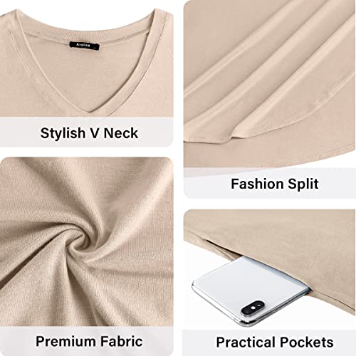 Arolina Women's Summer Maxi Dress Short Sleeve V Neck Casual Loose Long Beach Split Dresses with Pockets Coffee - Image 5