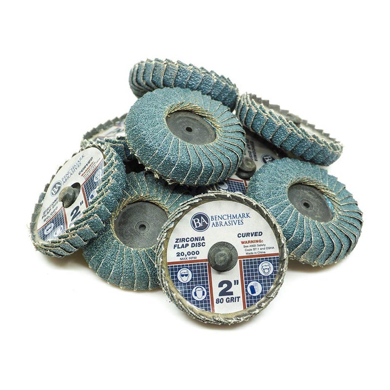 Benchmark Abrasives 2" Quick Change Zirconia Curved Flap Disc Grinding Wheel with Male R-Type Back Design - Finishing, Deburring of Irregular Surfaces - for Die Grinder & More (10 Pack) 80 Grit - Image 1