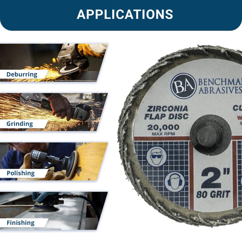 Benchmark Abrasives 2" Quick Change Zirconia Curved Flap Disc Grinding Wheel with Male R-Type Back Design - Finishing, Deburring of Irregular Surfaces - for Die Grinder & More (10 Pack) 80 Grit - Image 4