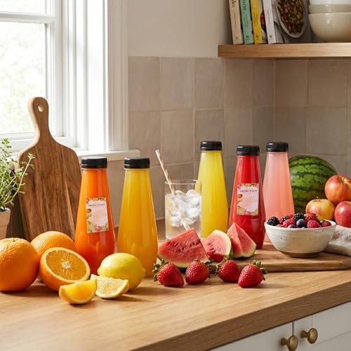 TOMNK 32pcs 12oz Juice Bottles, Empty Plastic Juicing Bottles with Caps, Cone Reusable Clear Bulk Beverage Containers for Juicing, Drinking, Milkshake, Tea and Other Beverages - Image 5
