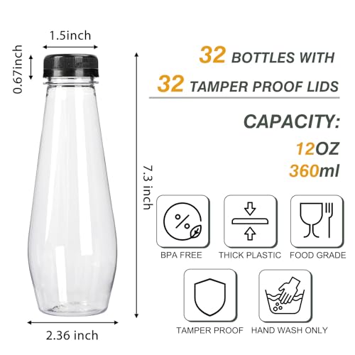 TOMNK 32pcs 12oz Juice Bottles, Empty Plastic Juicing Bottles with Caps, Cone Reusable Clear Bulk Beverage Containers for Juicing, Drinking, Milkshake, Tea and Other Beverages - Image 2