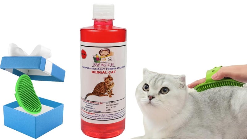 Swacch Bengal Cat Shampoo -500ml (Strawberry) + Bath Brush with Adjustable Straps Combo Pack - Image 1