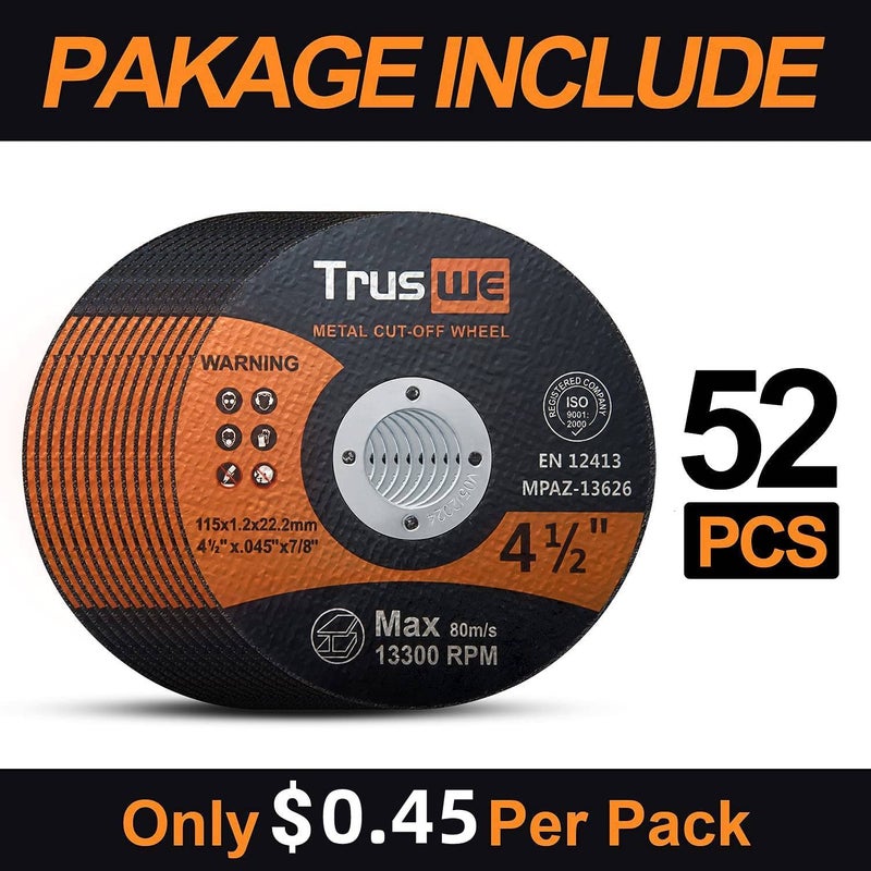 Truswe Cut Off Wheels 52 Pack,4 1/2 Inch,0.45 USD/Pack,Metal and Stainless Steel Cutting Wheel for Angle Grinder,Ultra Thin Cut-Off Wheel Cutting Disc (52 PCS 4-1/2 x .045 x 7/8 inch Cut Off Wheels) - Image 2